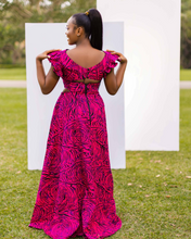 Load image into Gallery viewer, PRODUCT DETAILS Handcrafted Maxi dress Bodice cut-out with elastic waist High neckline Front peekaboo cut-out detail Frilled cap sleeve Back zipper Keyhole back cut-out detail Side pockets Single tier flare skirt base African print (Ankara)

