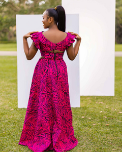 PRODUCT DETAILS Handcrafted Maxi dress Bodice cut-out with elastic waist High neckline Front peekaboo cut-out detail Frilled cap sleeve Back zipper Keyhole back cut-out detail Side pockets Single tier flare skirt base African print (Ankara)
