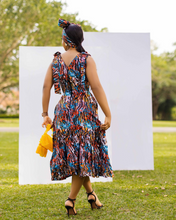 Load image into Gallery viewer, Hand crafted Sleeveless Deep V neckline on both sides Cinched waistline Shoulder bows Single-tier gathered skirt-base Back zipper Full cotton lined bodice Midi dress Side Pockets African print (Ankara)
