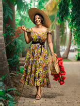 Load image into Gallery viewer, African print midi dress with shirred back detail and side pockets.  The model is wearing size 12.
