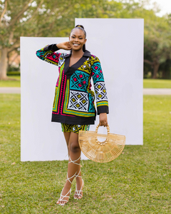Overlap deep V-neckline with collar Long bell sleeves Two-tone tunic top Shorts Side pockets African print & cotton