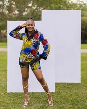 Load image into Gallery viewer, PRODUCT DESCRIPTION Overlap deep V-neckline with collar Long bell sleeves Two-tone tunic top Shorts Side pockets African print &amp; cotton
