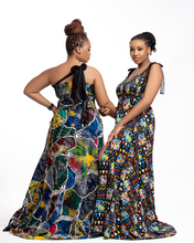 Load image into Gallery viewer, Want a piece that screams comfort and stunning?  Kemi is an African print (Ankara) maxi dress with a shirred bodice, knee-high slit and tulle tie sleeve details that can be styled in a number of ways. Of course, Kemi boasts of our signature FA girl side pockets.  The models are wearing size 14 (left) and size 12 (right).

