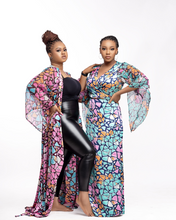 Load image into Gallery viewer, If you want a versatile kimono with multiple styling options, AYA is the one for you.  This piece is an elegant silk kimono-style wrap dress with multiple styling options, chiffon sleeves, and sewn-in tie belts.
