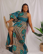 Load image into Gallery viewer, African print maxi dress with uneven bubble sleeve design, fitted and gathered fit and side pockets. The model is wearing a size 14.
